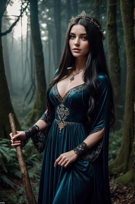 A young, attractive witch standing in an ancient, mystical forest at twilight, surrounded by towering, gnarled trees with twisted roots and patches of glowing mushrooms. The forest floor is carpeted with fallen leaves, and faint beams of moonlight filter t...