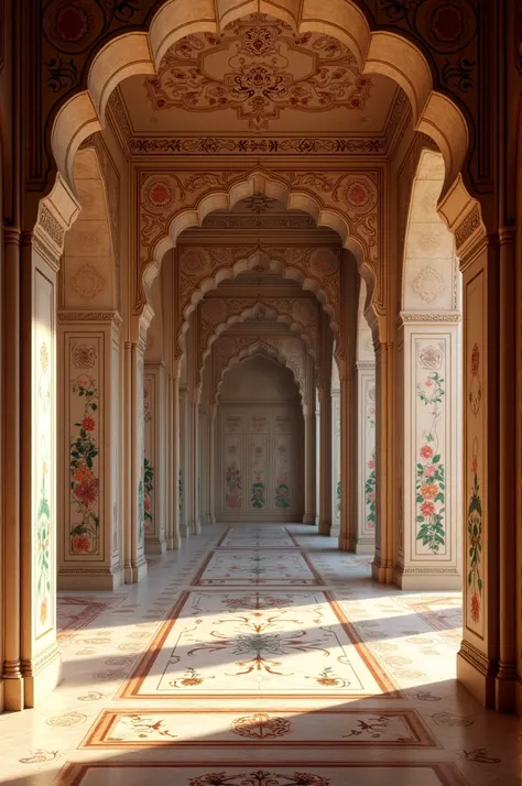 The Royal Fort of Akbar (Interior View)
A close-up shot of the royal fort interior, with high ceilings and traditional Mughal-Rajasthani fusion architecture. Ornate paintings of flowers and animals on the walls.