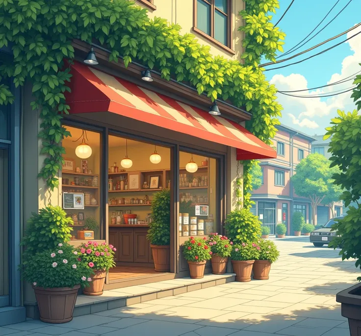 Front picture of A cafe , plants and flowers hanging in small pots.sunny day very calming, studio ghibli and lofi style High Resolution, High Details, Best Quality, 