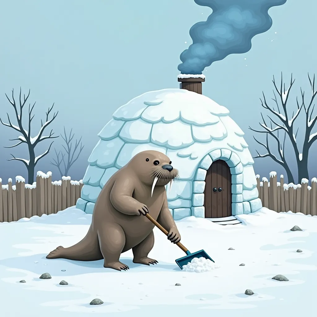 A humanoid anthropomorphic walrus somewhere in the winter north shovels snow from the yard near the cozy northern ice Igloo, the fence around the yard and the house is made of ice blocks, blue smoke rises from the pipe at the top of the Igloo, clearly, contrastingly, in detail