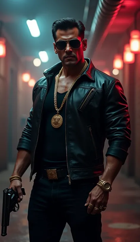 Create a striking image of a famous celebrity with a strong, muscular physique, similar to Salman Khan, in a powerful gangster look. He is dressed in a sleek black leather jacket over a tight-fitting shirt, with gold chains around his neck and dark sunglas...