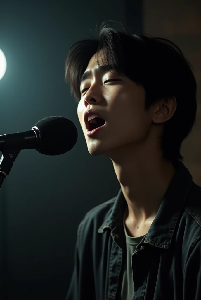 (photorealism:1.2),  a young asian guy, shoulder length hair,  dark background ,  is singing , in the studio 