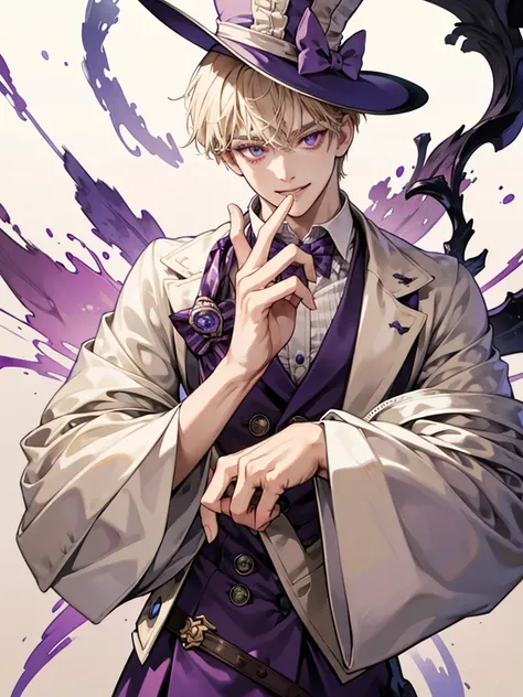 boy, with purple eyes, short beige cream hair. wear mad hatter outfit, he so arrogant, sadistic, handsome, big eyes. sadistic eyes. he teenager. sadistic smile, thin. 