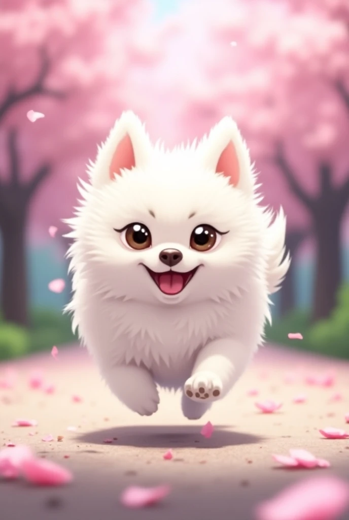  best quality, High Quality, reality,concentrated, Japanese Spitz with a pure white coat,Long, fluffy coat ,A bit anime style, About dogs with raised corners of their mouths looking smiling ,run around cheerfully,Dynamic,Speed,　Promenade,Cherry blossom tre...