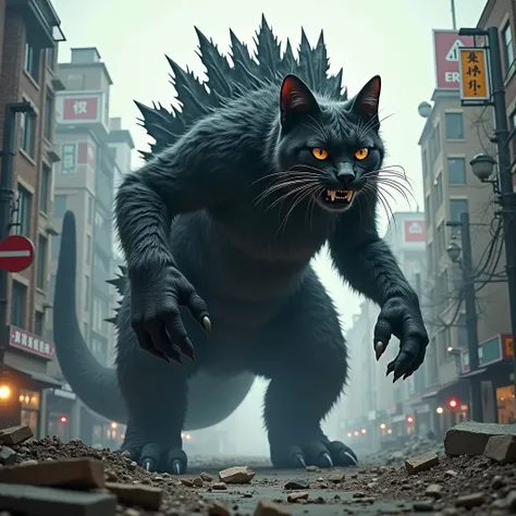 Godzilla,Godzilla,cat,黒cat,黒cat大きめ,Godzilla化した黒cat,Around town,destruction, real