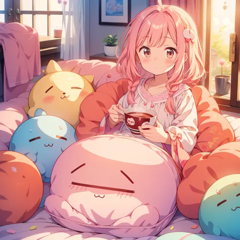  Futon with fluffy inside a coffee cup、 fluffy  who lives in a coffee cup 、Cute as an angel、Sweet candy house 、Yurukyara、 Pastel Color 、Soft light、