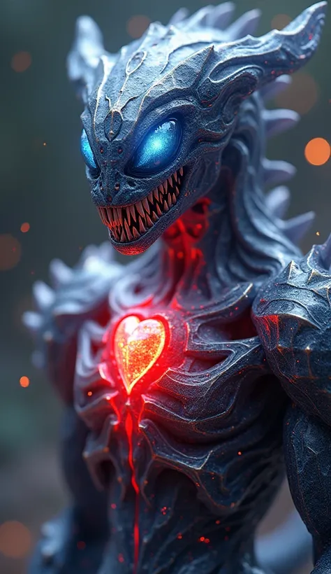 " A detailed, high-quality digital art of a venom made of crystal . Venom has a faceted body , glass-like,  with a red heart-shaped gem on the chest that shines with warm light.