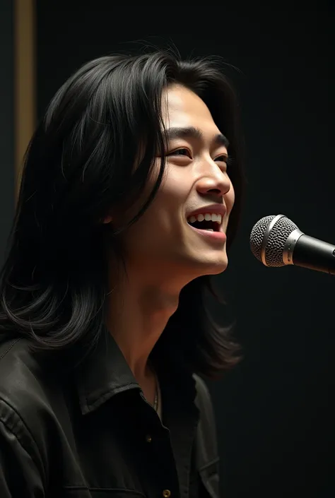 (photorealism:1.2),  a young asian guy, long straight haired,  dark background ,  is singing , in the studio 