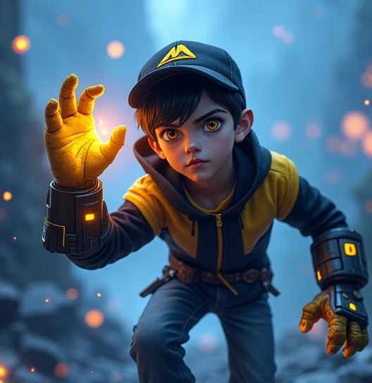 ,  young real boy aged 15, (yellow eyes) . wear ( Black Yellow  ) , ( Black Yellow  )  cap with a small  (Mountain) logo, detailed face,  cinematic lighting ,  dramatic atmosphere , bright colors, 8 k,  high quality,  Photorealistic . hero costume . (Earth...