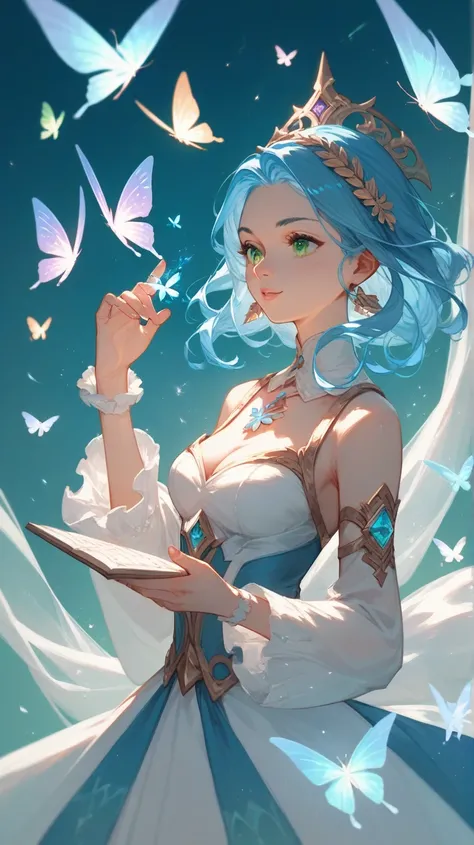 girl with long blue hair, light skin, green eyes, palms at chest level, magical butterflies flying out of the bottom, fantasy, magic, anime, art style, play of light