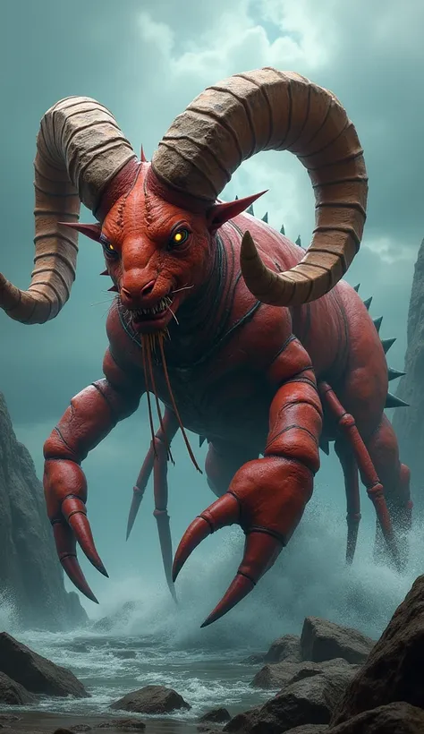 "Design a hybrid creature that seamlessly merges the features of a lobster 🦞 and a ram 🐏 into a monstrous and dangerous entity. The creature should have the muscular body of a ram, but with the hard, segmented shell of a lobster, complete with sharp pincer...