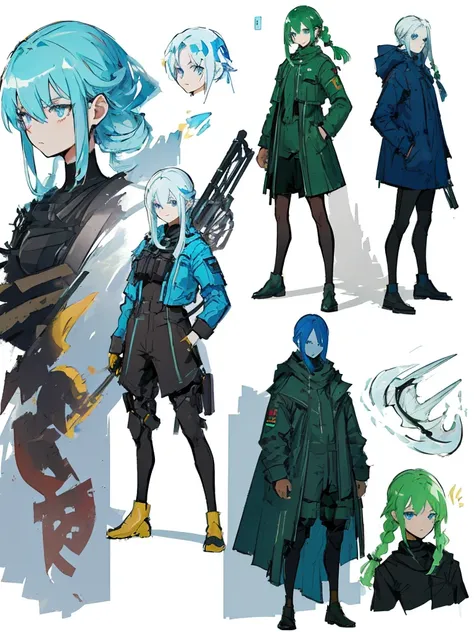  black background with spotlights, Green clothes、 Linwell Style Braided Green-haired Shorthairs 、  blue eyes、  Rough Outfit  、  long eyelashes 、holding_gun, assault_rifle, Skillfully expressing the effects of light and shadow , スチームパンクの長gun身ピストルを持っている. mec...