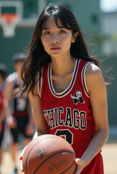 ((best quality)), ((masterpiece)), (detailed), 1girl, Japanese beautiful woman,giant pandawear
Chicago Bulls basketball team uniform,play the basketball game.
documentaryphoto,realityphoto,photograph、