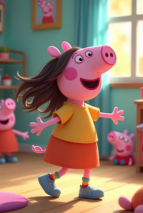 Picture me a  girl dancing to the tune of Peppa Pig.