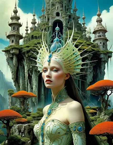 Kay Nielsen, Basil Gogos, Alberto Savinio, James Gurney, Surrealism, a womens face with mystical images, in the style of surreal 3d landscapes, vivid colors, highly detailed figures, fantastical ruins, organic nature-inspired forms, intricate costumes, har...