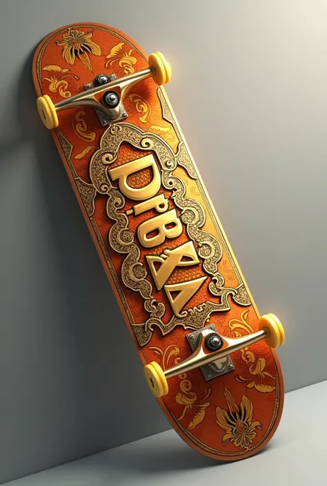 Skateboard with inscription  "pray" , Gold and orange orange, 