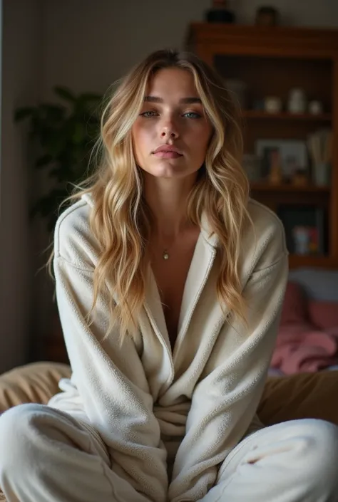 A blond Brazilian woman in cold pajamas at home