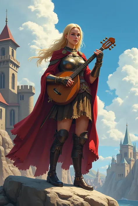 In RPG style, in style of Dungeons & Dragons, in style of fantasy painting. Full body view, looking at the viewer. image of a female bard with lute, leather armor and high leather boots, blonde ponytail , standing with one foot on a rock, medieval city in ...