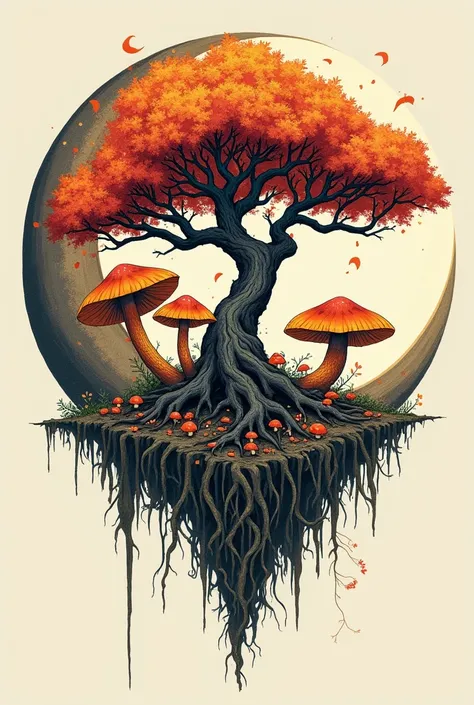  A round tattoo representing a half-moon , (The half moon is the basic drawing, Its important )  with a tree of life intertwined with hallucinogenic mushrooms inside.. The design should be detailed ,  with finely drawn tree roots and branches ,  and the st...