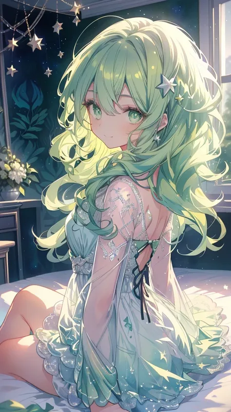 ((Super detailed),Night bedroom background,Beautiful Star, The light from the back window is backlit,,  watercolor pattern with calm tones ),( Watercolor Texture ), (( 1 girl), Long Green Wave Hair ,Green Hair, green eyes,Adorable,Angelic),lightsmile,Kind ...