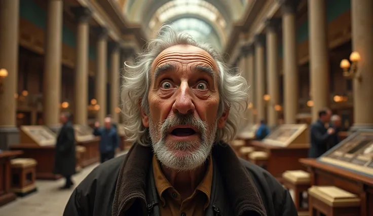 The surprised face of an old man at the British Museum