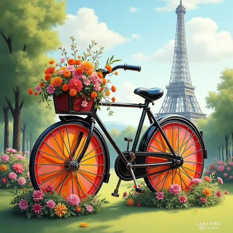 An elaborate, concept-art illustration in charcoal and pencil, A photo of a beautiful blown glass sculpture of a vintage bicycle decorated with an assortment of vibrant flowers. The bicycle is parked near the Eiffel Tower, with a garden and flowers around ...