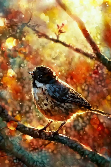 A charming close-up portrait，Showing a beautiful bird， illuminated by soft golden light on a quiet morning，The bokeh ball gently frames its petite body