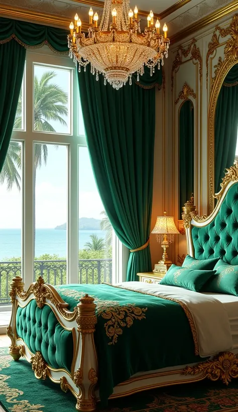 A lavish guest bedroom in the same royal green and gold tones. The bed features a tufted emerald green velvet headboard with gold embroidery and diamond accents, surrounded by intricately carved white and gold bedposts. The bedding is a luxurious combinati...