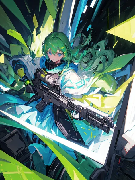  black background with spotlights, Green clothes、 Linwell Style Braided Green-haired Shorthairs 、  blue eyes、  Rough Outfit  、  long eyelashes 、holding_gun, assault_rifle, Riding on a cyberpunk style motorcycle ,  black motorcycle ,スチームパンクの長gun身ピストルを持っている....