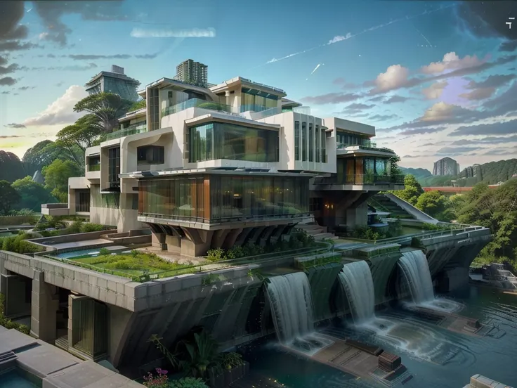 (((An amazing house))), (minimalism and brutalism style influence), ((Frank Lloyd Wright falling water)),(((with terraces))), (beautiful gardens), ((lake)), waterfall ((top of a small hill)), (in edge of a river), sunset, big, deep and beautiful clouds, il...