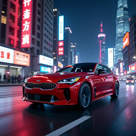  Kia Stinger GT 2020 red car drives through Shanghai, Night,  beautiful signage lights are beautifully reflected on the car , beautiful realistic sky 