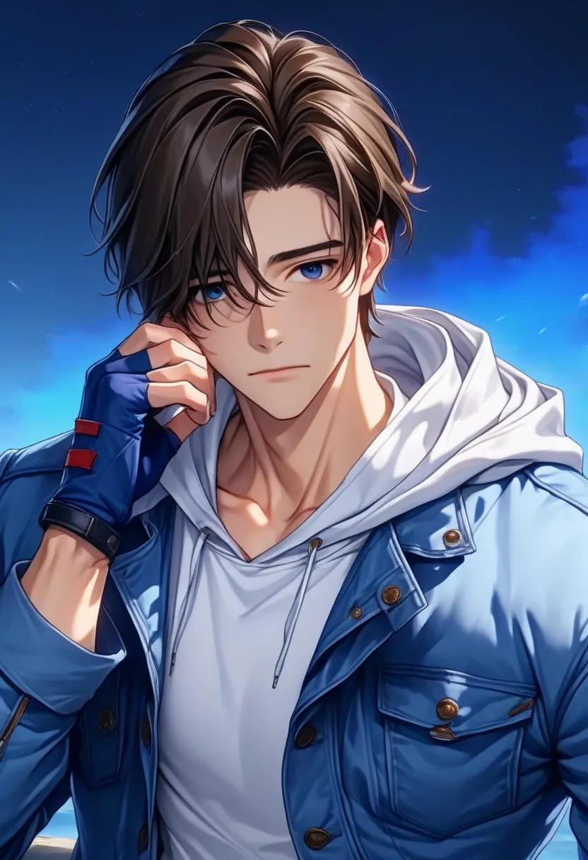 best quality, alone, male focus,dark haired young man"asuka" , handsome and smart young man  ,   wearing a white hoodie, blue ja...