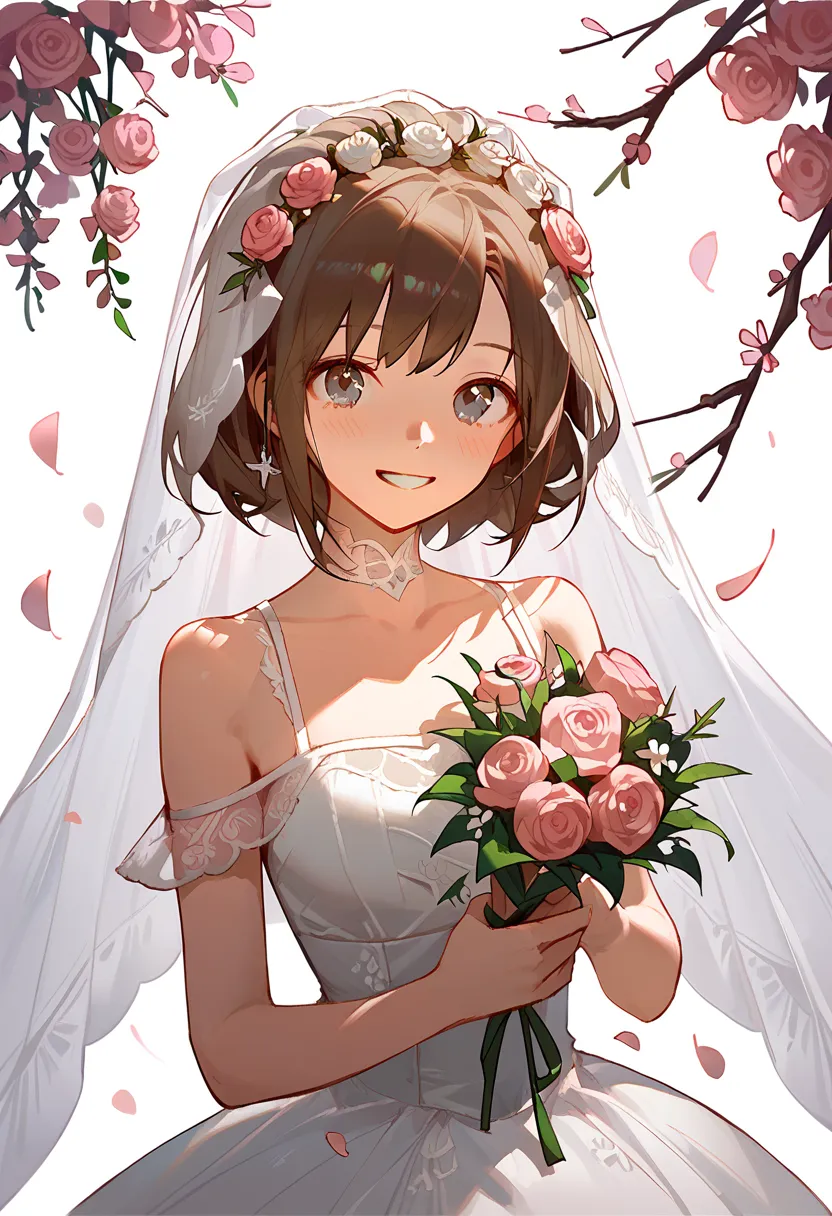 (masterpiece:1.2), best quality,pixiv,sweet girl portrait,
1girl, solo, flower, veil, bouquet, dress, smile, pink flower, brown ...