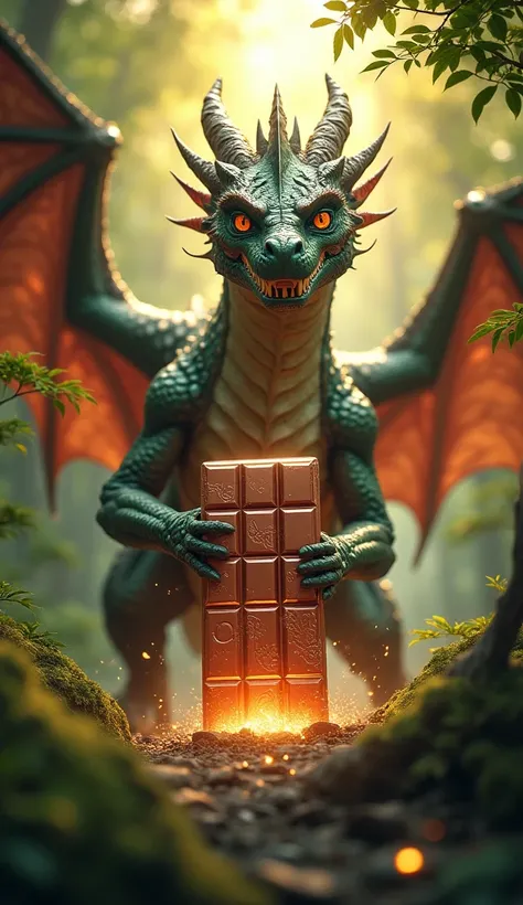 "An epic scene in a lush green forest, where a majestic dragon and a large, glossy chocolate bar stand facing each other in a tense but fascinating standoff. The dragon, with shimmering scales and fiery eyes, towers over the scene, while the chocolate bar,...