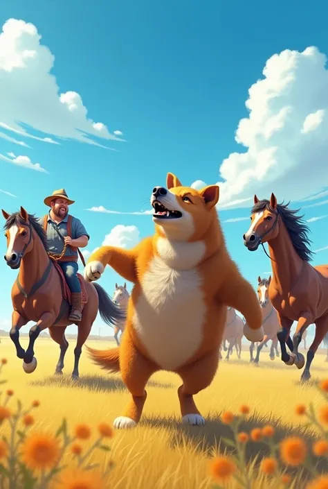 A big dog dancing in front of running horses in a blue field a fat men standing and laughing after watching the dog and a slim girl Long Hair, Animal Ears, crying after watching the horses High Resolution, 