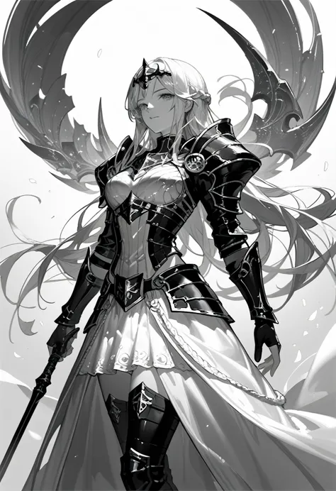 (black and white color scheme:1.4)close-up of a woman in a white dress ,epic exquisite character art, beautiful armor, extremely...