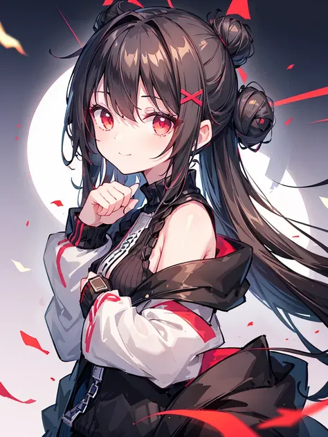 ( score_9, score_8_up, score_7_up), 1 girl,Alone,red eyes, black haired,Long Hair, Viewers,smile,upper body,Hair Bun, bare shoulders,Hair accessories,bangs, off-shoulder , closed mouth, jacket, sleeveless,hand up,Blur, side lock,black  jacket, Long Sleeve ...