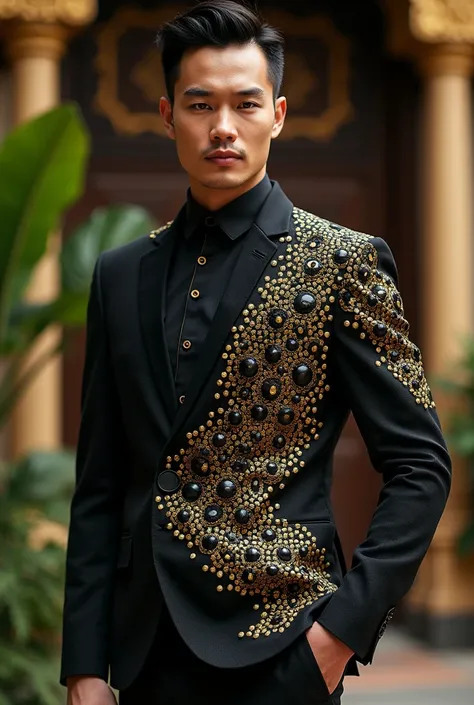  Mens Dress Design Modern Thai Style Made of 80 Buttons% Black Gold Buttons 