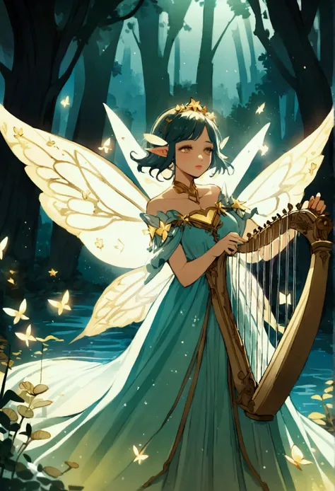 　A woman in a long starry dress is holding a harp at the seaside,  so magical and dreamy,  Being Like a Shining Angel , Star Fairy,  golden butterflies on the harp , Mysterious!!!!!!!, Fairy aesthetics, There are lots of , Beautiful fairy, fantasy art styl...