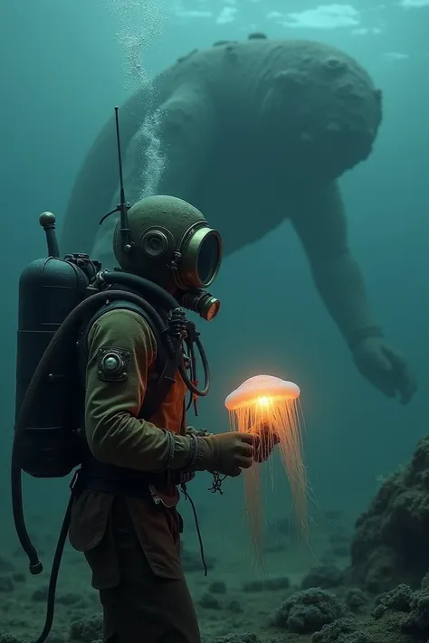 An antique-iron-helmeted diver holding glowing jelly deep in the ocean while being watched by a colossal creature