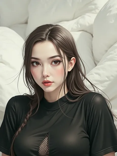 Woman with long hair、Big Breasts、 White Drenched Tee 、Nipples protruding、Slightly slanted eyes、Looking at the camera、A little surprised face、