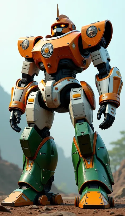 Giant Robot (India): A massive robot with metallic colors inspired by India’s flag—orange, white, and green—with a glowing Ashoka Chakra on its chest. The detailed armor reflects cultural and technological power. High resolution, high quality.