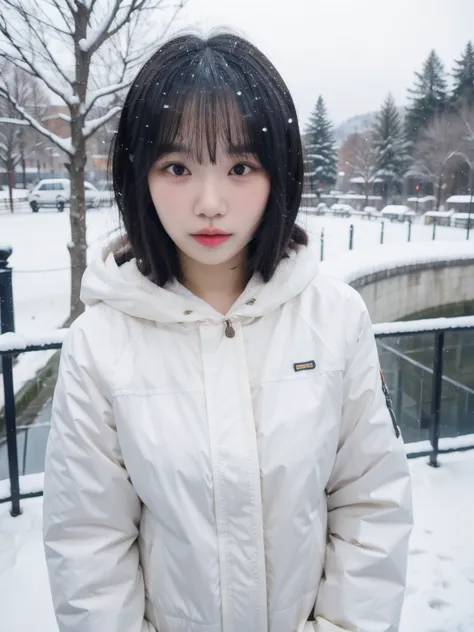 1girl,solo,looking at viewer, short bob haircut, puffy cheeks, outdoors, winter, snowing
