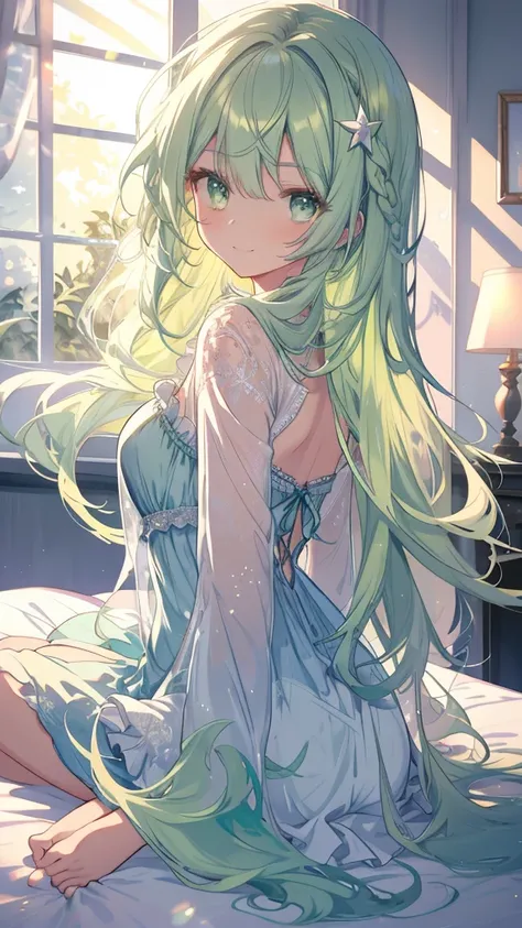 ((Super detailed),Night bedroom background,Beautiful Star, The light from the back window is backlit,,  watercolor pattern with calm tones ),( Watercolor Texture ), (( 1 girl), Long Green Wave Hair ,Green Hair, green eyes,Adorable,Angelic),lightsmile,Kind ...