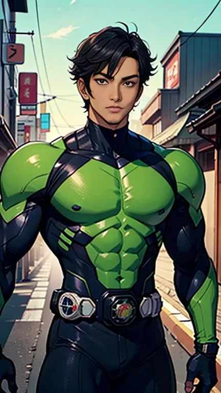 Backstreets,    Japanese , Beautiful Young Handsome Man with a Cool Handsome Face  ,  Glowing Kamen Rider Suit  , 18 years old,   Toned and Muscular  , Tall,  long bangs 