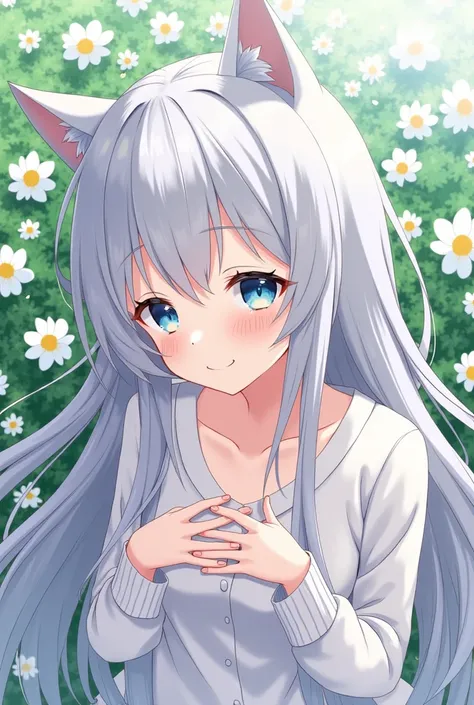  1 girl, Long Hair、  animal ears , Cat ears, Long Hair, Gray Hair, chest,  close your mouth,  expression that makes you want to cry, 沢山のお花の背景movieの光効果,  anime style,  blue eyes, movie, Buried in Flowers 