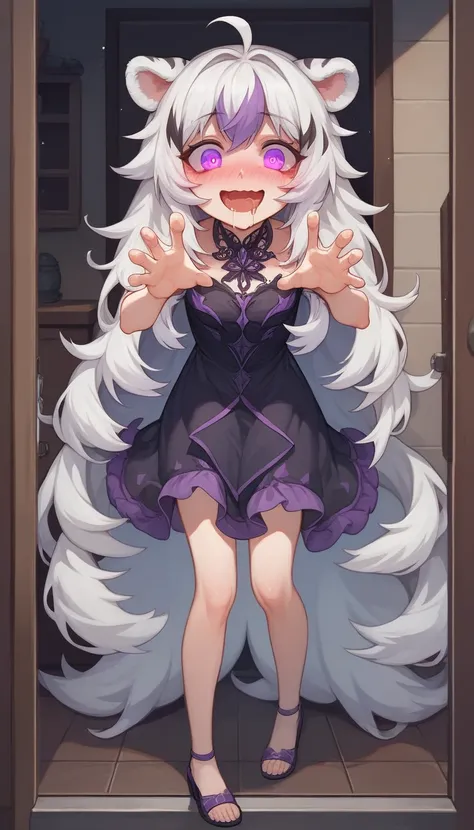 ((masterpiece)), 1girl, solo, very long hair, white tiger ears, white tiger tail, wide eyes, purple eyes, manic smile, full body, purple dress, black dress, multicolored dress, yandere, wavy mouth, blush, white hair, two-tone hair, peeking from the corner,...