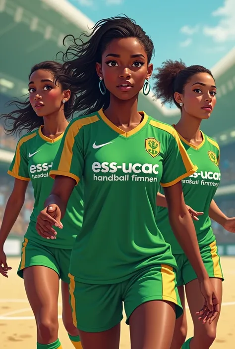 Trois filles belles de teint noire habillées en        maillot de handball féminin de couleur vert sur le maillot   est écrit au        niveau de la poitrine               ESS-UCAC handball   féminin  et celle qui est au milieu arrête un ballon de handball...