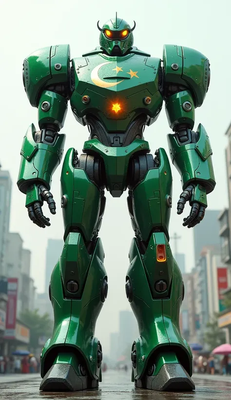 Giant Robot (Pakistan): This massive robot is inspired by Pakistans flag, with metallic green and white armor. A glowing crescent moon and star shine on its chest, with intricate details symbolizing unity and strength. High resolution, high quality.