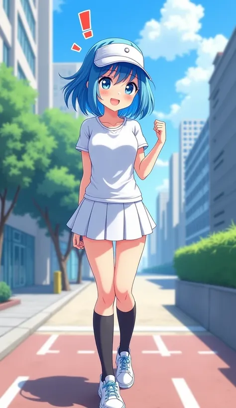 masterpiece,  best quality,  Hi-Res,  very detailed,((( pretty girl with blue hair ))), ((( Japanese Anime))), ((( short hair ))), ((( tennis wear))), ((( black high socks))), (((Tennis shoes))), (((In a modern city ))), ((( sidewalk))), (((Sun visor))), (...